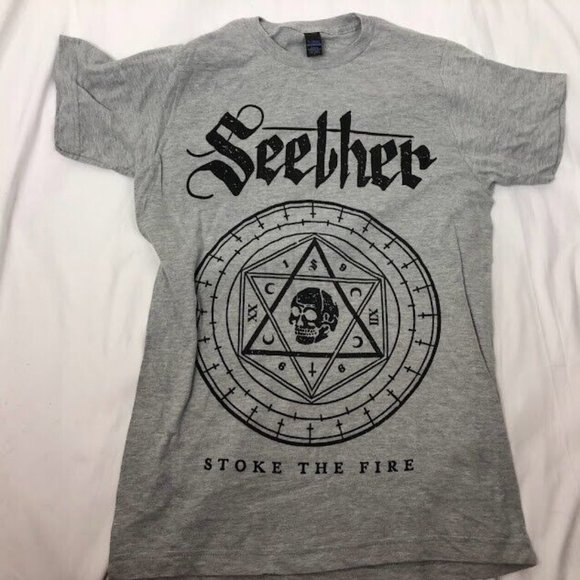 Seether T Shirt Gray Rock Metal Band "Stoke The Fire" Pentagram Skull Fire Small - Picture 1 of 6